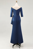 Navy Sheath Off The Shoulder Long Mother Of The Bride Dress with Sash