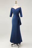 Navy Sheath Off The Shoulder Long Mother Of The Bride Dress with Sash