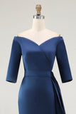 Navy Sheath Off The Shoulder Long Mother Of The Bride Dress with Sash