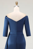 Navy Sheath Off The Shoulder Long Mother Of The Bride Dress with Sash