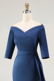 Navy Sheath Off The Shoulder Long Mother Of The Bride Dress with Sash
