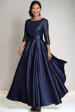 Sparkly Navy A Line Sequin Long Mother of The Bride Dress with Long Sleeves