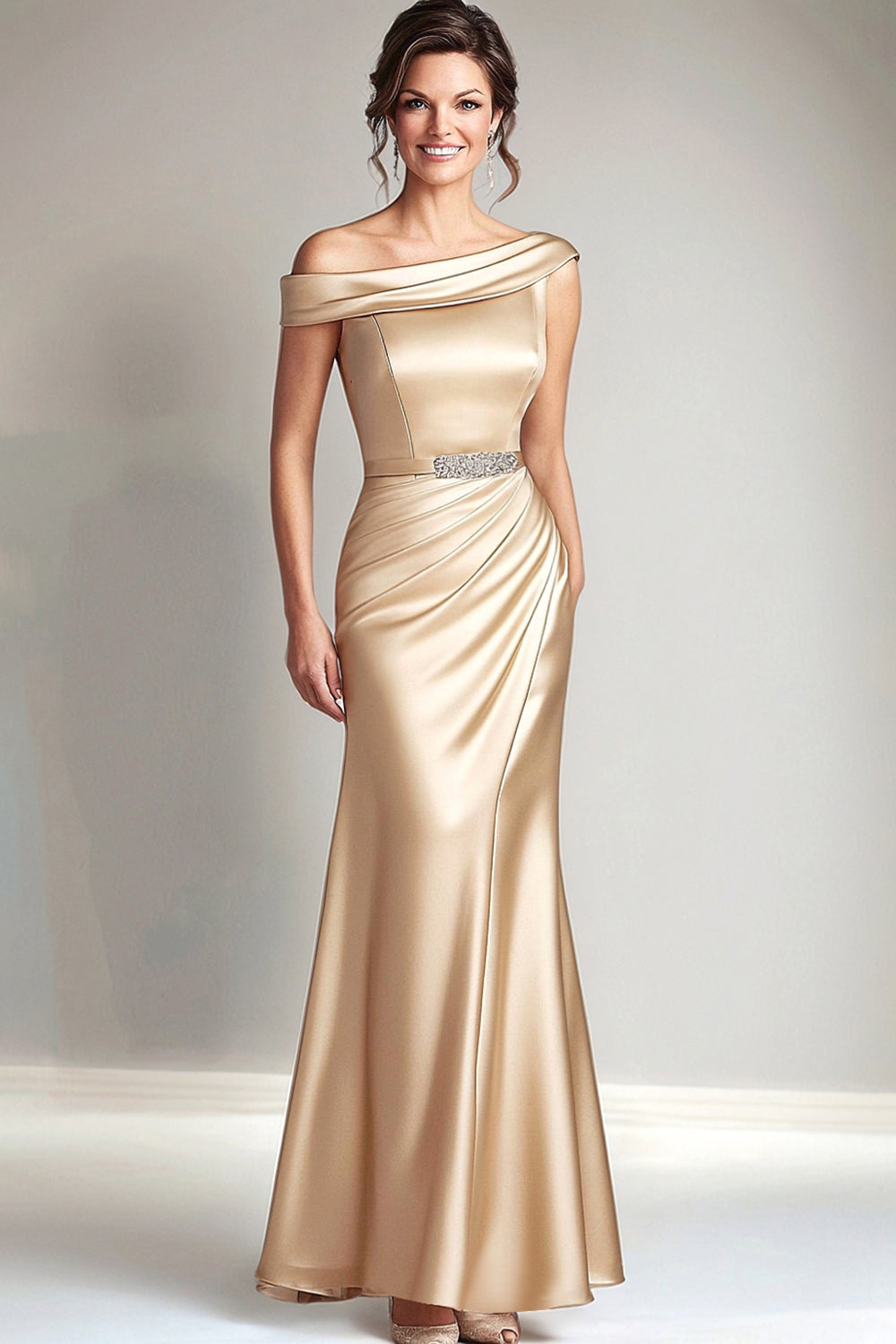 Wedtrend Women Champagne Mother of The Bride Dress Off The Shoulder Ruched Mermaid Satin Long Wedding Guest Dress, Champagne / US14 Wedtrend Women Champagne Mother of The Bride Dress Off The Shoulder Ruched Mermaid Satin Long Wedding Guest Dress, Champagne / US14