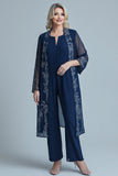 Jumpsuit Navy Appliques Square Neck Chiffon Long Sleeves Mother of the Bride Sets