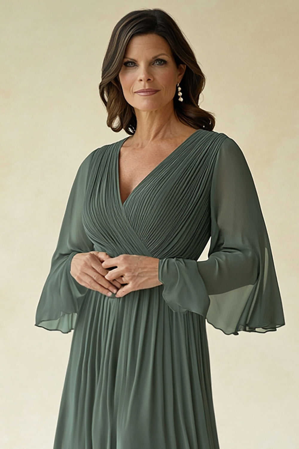 WEDTREND Women Agave Mother of The Bride Dress Chiffon Pleated Flare Sleeves V Neck Wedding Guest Dress WEDTREND Women Agave Mother of The Bride Dress Chiffon Pleated Flare Sleeves V Neck Wedding Guest Dress