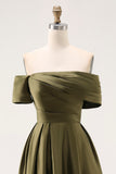 Olive A-Line Off The Shoulder Ruched Satin Long Mother of the Bride Dress