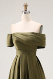 Olive A-Line Off The Shoulder Ruched Satin Long Mother of the Bride Dress