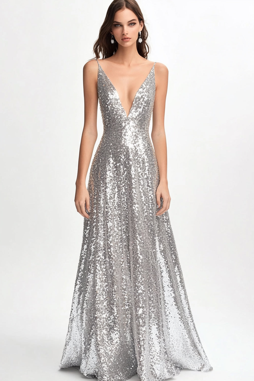 WEDTREND Women Sparkly V Neck Silver Sequined Formal Dress Spaghetti Straps A Line Evening Dress WEDTREND Women Sparkly V Neck Silver Sequined Formal Dress Spaghetti Straps A Line Evening Dress