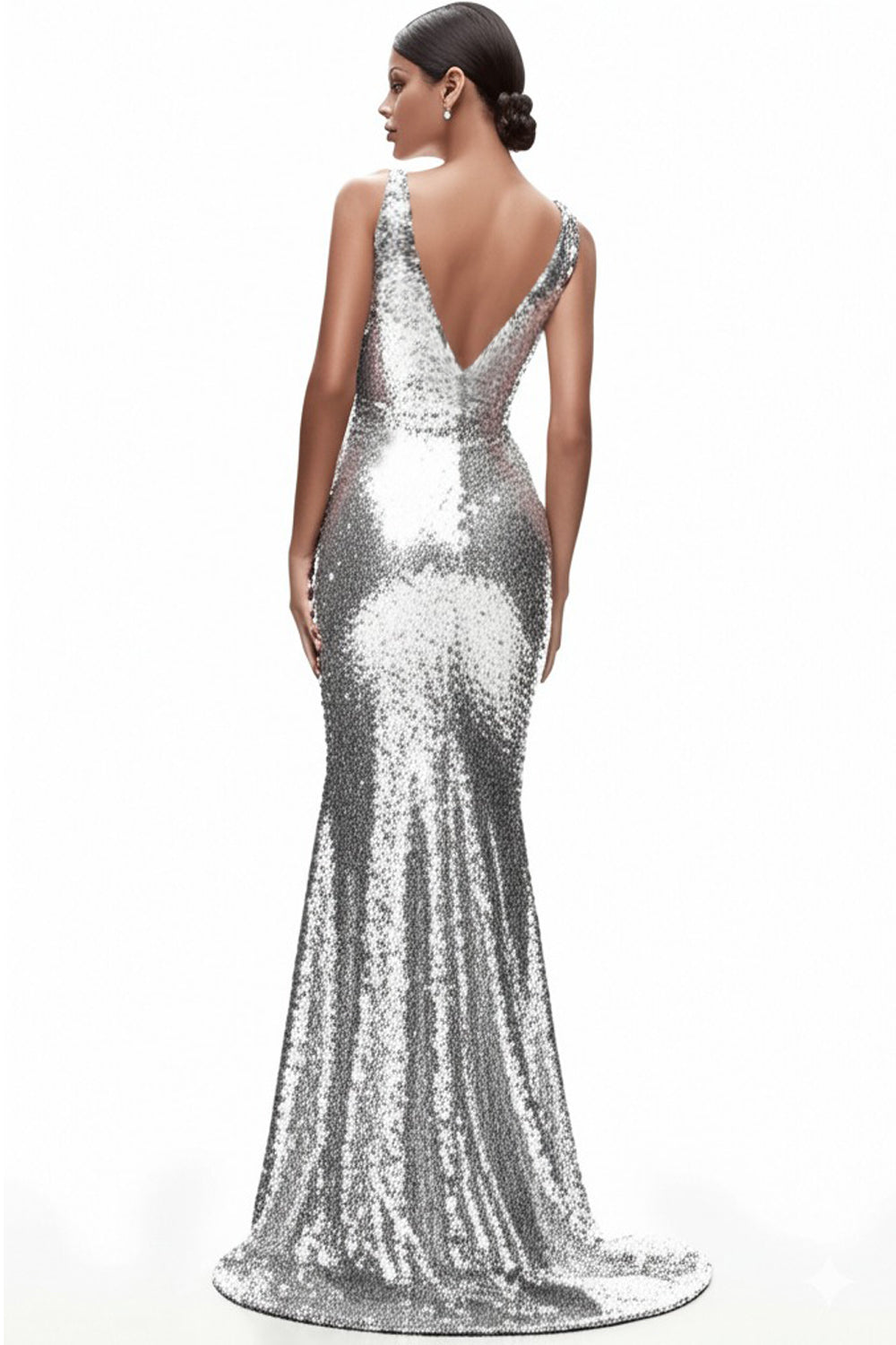 WEDTREND Women Sparkly Silver Sequined Mermaid Formal Dress V-neck Floor Length Evening Dress WEDTREND Women Sparkly Silver Sequined Mermaid Formal Dress V-neck Floor Length Evening Dress