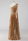 Golden A Line One Shoulder Ruched Metallic Satin Long Formal Dress