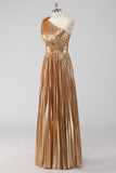 Golden A Line One Shoulder Ruched Metallic Satin Long Formal Dress