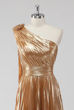Golden A Line One Shoulder Ruched Metallic Satin Long Formal Dress