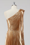 Golden A Line One Shoulder Ruched Metallic Satin Long Formal Dress