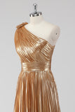 Golden A Line One Shoulder Ruched Metallic Satin Long Formal Dress