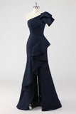Navy Mermaid One Shoulder Ruffled Long Formal Dress with Slit