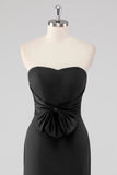 Elegant Black Mermaid Strapless Bow Detail Evening Dress with Slit