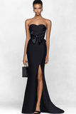 Elegant Black Mermaid Strapless Bow Detail Evening Dress with Slit