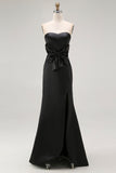 Strapless Mermaid Black Long Celebrity Dress with Slit