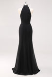 Black Mermaid Halter Neck Ruffled Long Formal Dress with Slit