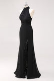 Black Mermaid Halter Neck Ruffled Long Formal Dress with Slit