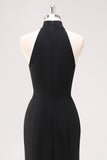 Black Mermaid Halter Neck Ruffled Long Formal Dress with Slit