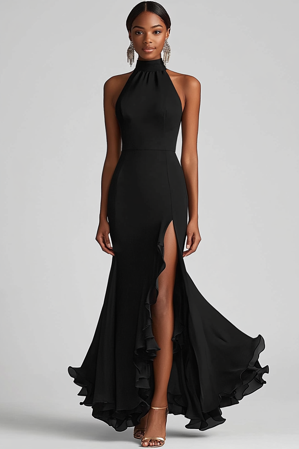 WEDTREND Women Halter Neck Prom Dress Black Ruffles Mermaid Long Formal Dress with Slit WEDTREND Women Halter Neck Prom Dress Black Ruffles Mermaid Long Formal Dress with Slit