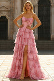 Blush Floral Princess Sweetheart Tiered Print Long Prom Dress with Slit