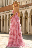 Blush Floral Princess Sweetheart Tiered Print Long Prom Dress with Slit