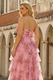 Blush Floral Plus Size Sweetheart Princess Tiered Print Long Prom Dress with Slit