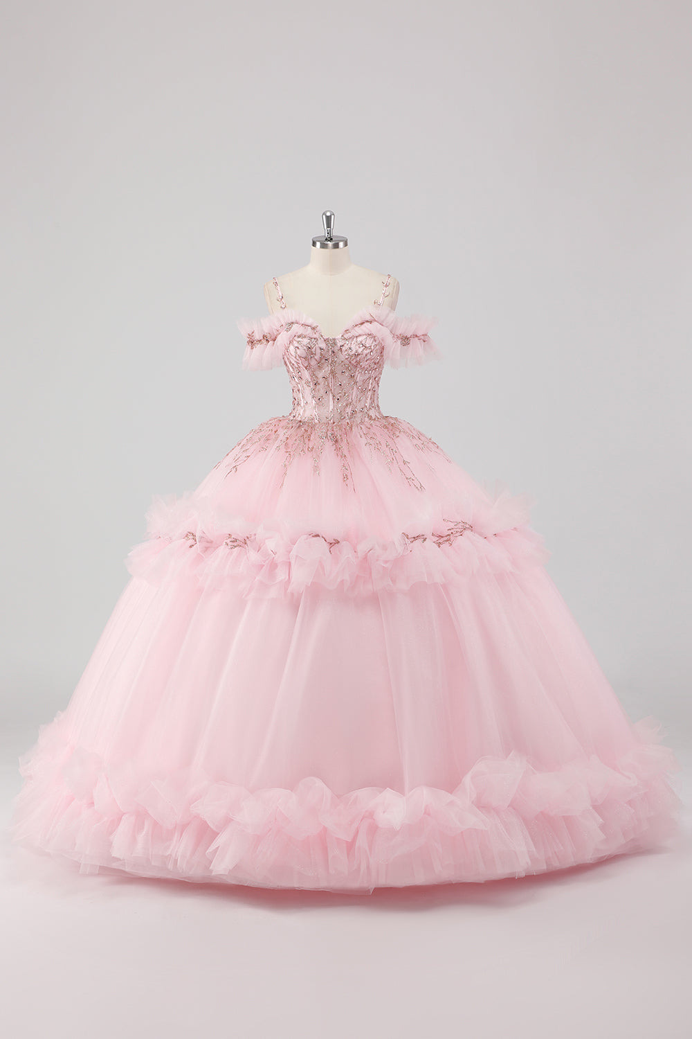 Wedtrend Women Princess Blush Quinceanera Dress Ball Gown Cold Shoulder Ruffles Tulle Sweet 16 Dress with Sequined Embroidery, Blush / US12