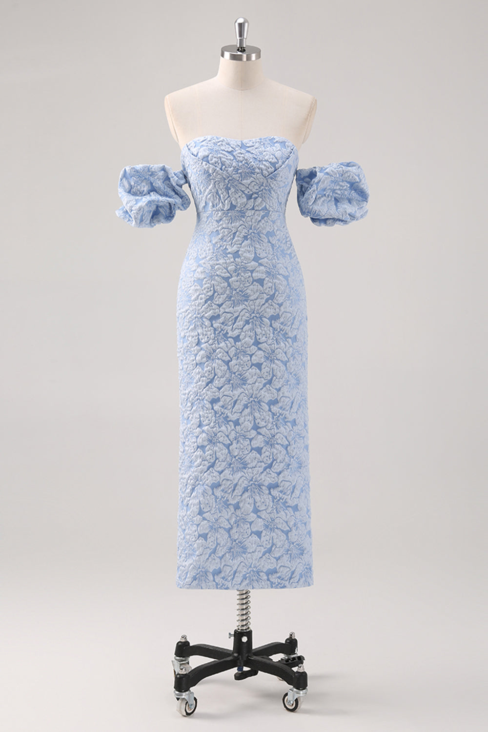Wedtrend Women Simple Blue Floral Formal Dress with Puff Sleeves Sheath Tea Length Brocade Evening Dress – WEDTREND Wedtrend Women Simple Blue Floral Formal Dress with Puff Sleeves Sheath Tea Length Brocade Evening Dress – WEDTREND