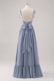 Dusty Blue A Line Spaghetti Straps Lace Up Back Long Bridesmaid Dress with Slit