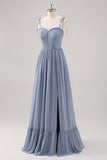 Dusty Blue A Line Spaghetti Straps Lace Up Back Long Bridesmaid Dress with Slit