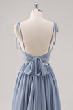Dusty Blue A Line Spaghetti Straps Lace Up Back Long Bridesmaid Dress with Slit