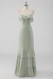 Dusty Sage Sheath Spaghetti Straps Pleated Long Bridesmaid Dress with Lace Up Back