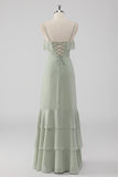Dusty Sage Sheath Spaghetti Straps Pleated Long Bridesmaid Dress with Lace Up Back