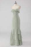 Dusty Sage Sheath Spaghetti Straps Pleated Long Bridesmaid Dress with Lace Up Back