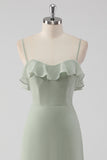 Dusty Sage Sheath Spaghetti Straps Pleated Long Bridesmaid Dress with Lace Up Back