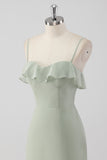 Dusty Sage Sheath Spaghetti Straps Pleated Long Bridesmaid Dress with Lace Up Back
