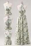 A-Line Ruched Convertible Design Floor Length Green Floral Bridesmaid Dress