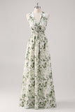 Green Flower A-Line V Neck Print Ruched Convertible Design Long Bridesmaid Dress