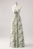 A-Line Ruched Convertible Design Floor Length Green Floral Bridesmaid Dress