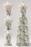 Green Flower A-Line V Neck Print Ruched Convertible Design Long Bridesmaid Dress