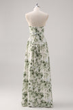 A-Line Ruched Convertible Design Floor Length Green Floral Bridesmaid Dress