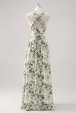 A-Line Ruched Convertible Design Floor Length Green Floral Bridesmaid Dress