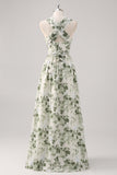 Green Flower A-Line V Neck Print Ruched Convertible Design Long Bridesmaid Dress