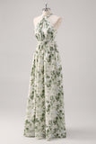 A-Line Ruched Convertible Design Floor Length Green Floral Bridesmaid Dress