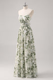 A-Line Ruched Convertible Design Floor Length Green Floral Bridesmaid Dress