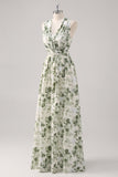 Green Flower A-Line V Neck Print Ruched Convertible Design Long Bridesmaid Dress