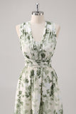 Green Flower A-Line V Neck Print Ruched Convertible Design Long Bridesmaid Dress
